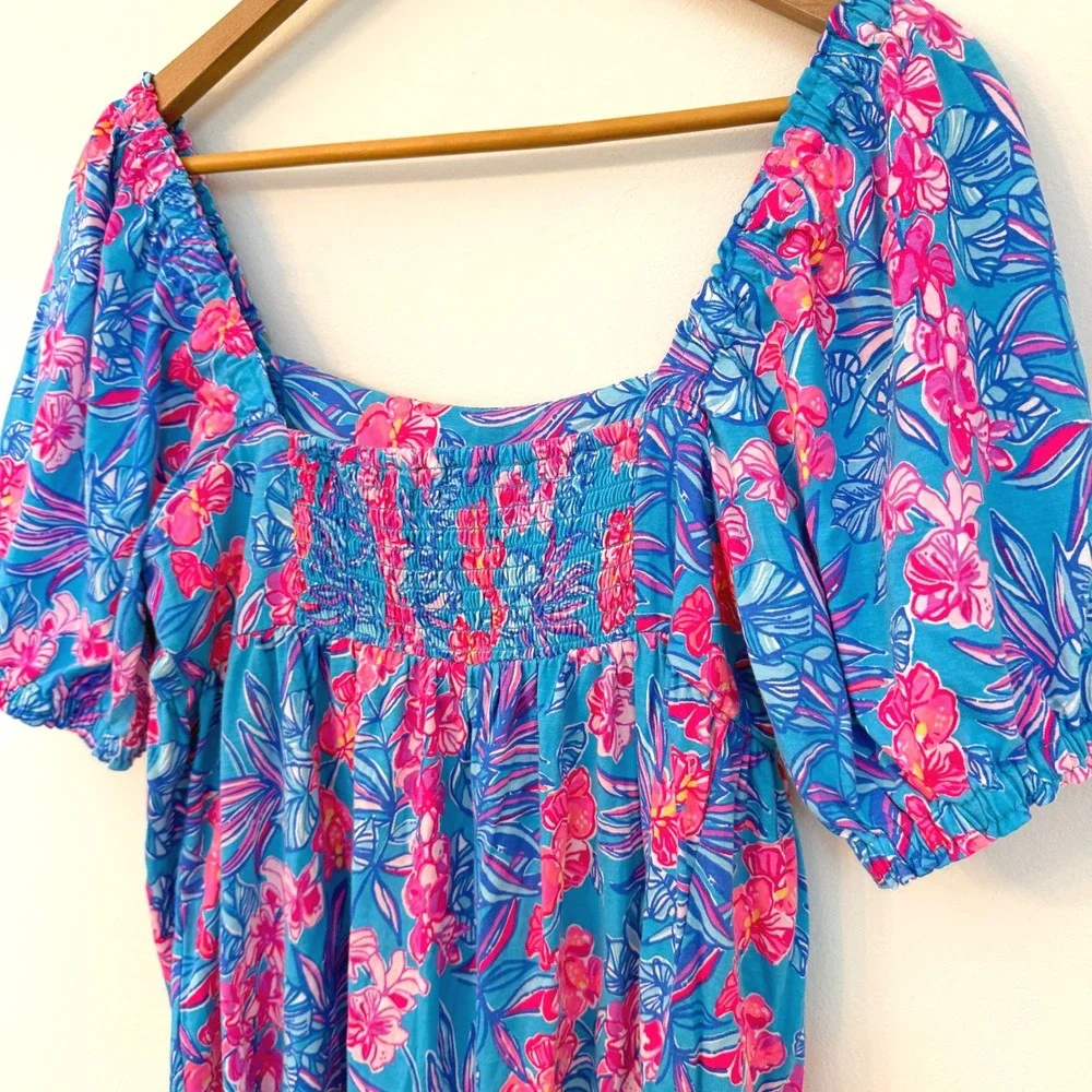 Lilly Pulitzer Floral Cotton Dress‎ Size 8 Blue Pink Tropical Puff Sleeve Resort